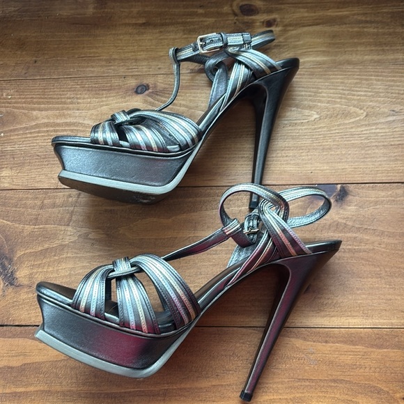 Yves Saint Laurent | Leather Metallic Silver and Gold Tribute Platform Sandals - Picture 10 of 15